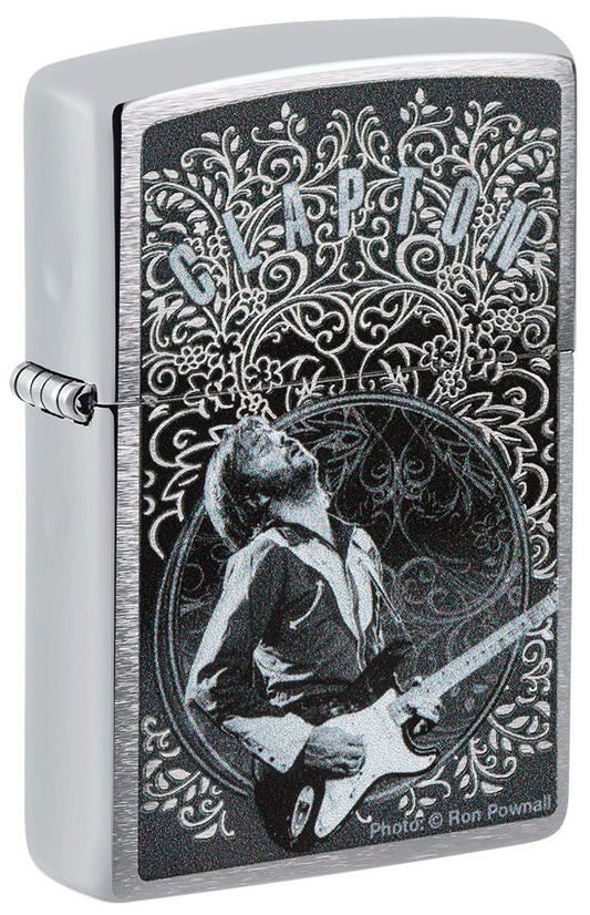 Zippo Aansteker Vooraanzicht ¾ Hoek Geborsteld Chroom met Eric Clapton Afbeelding door Ron Pownall