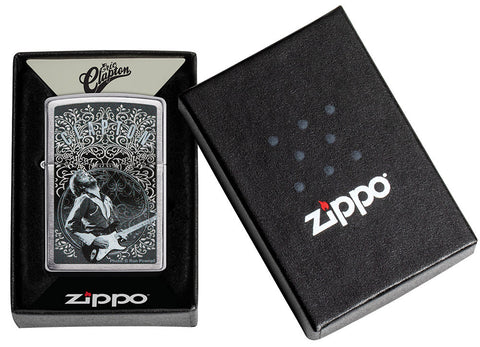 Zippo Aansteker Vooraanzicht Geborsteld Chroom met Eric Clapton Foto door Ron Pownall in Open Geschenkverpakking