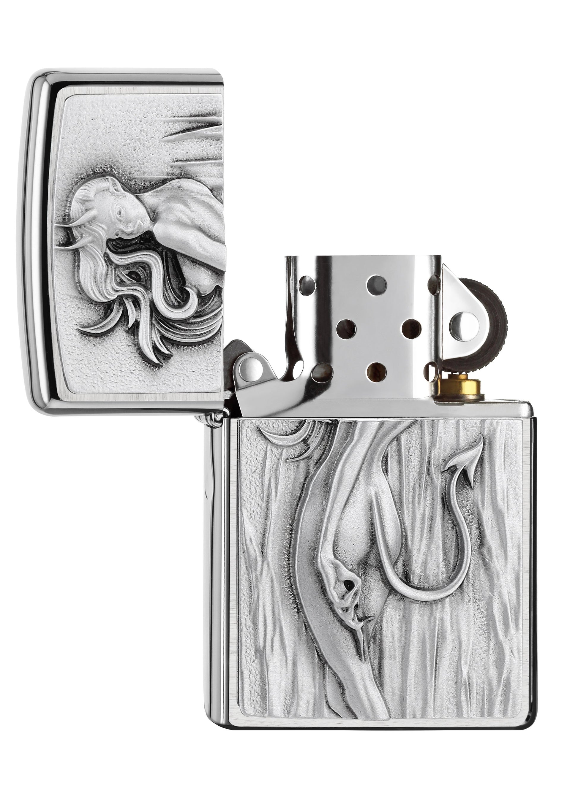 Zippo Aansteker Geborsteld Chroom Gedurfde Duivelse Vrouw Met Lang Haar Online Alleen Geopend Zonder Vlam