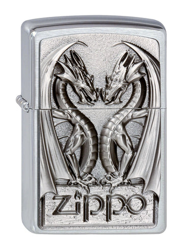 Vooraanzicht Zippo aansteker chroom Zippo-logo met twee draken embleem erboven