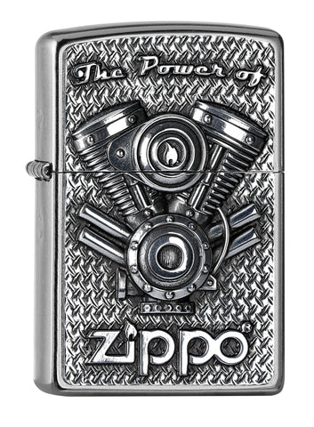 Vooraanzicht Zippo aansteker chroom met motoronderdelen