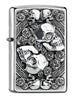 Vooraanzicht 3/4 hoek Zippo aansteker doodshoofden omgeven door rozen embleem
