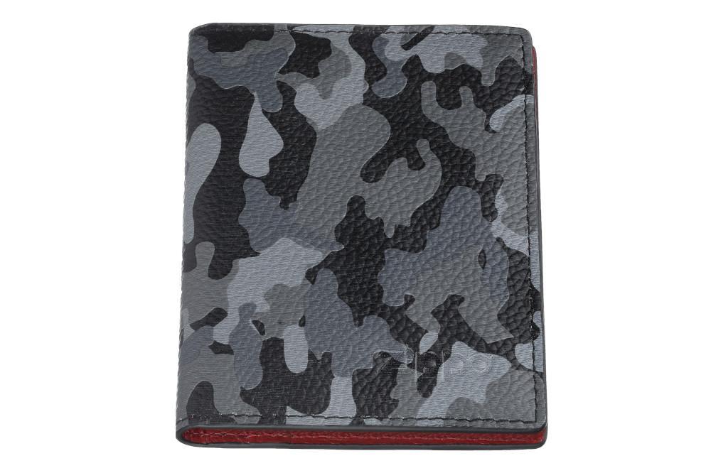 Vooraanzicht kaarthouder camouflagepatroon grijs gesloten met Zippo-logo