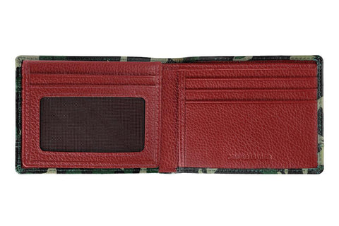 Vooraanzicht Zippo-portemonnee camouflageprint open met rood leer