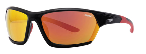 Vooraanzicht 3/4 hoek Zippo zonnebril met zwart montuur en oranje glazen