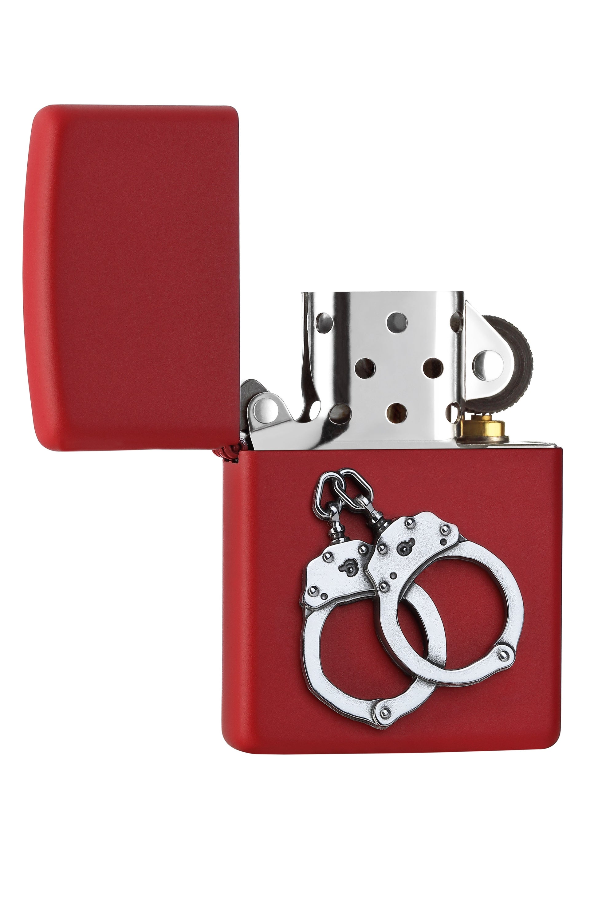 Vooraanzicht Zippo-aansteker rood mat embleem met zilveren handboeien open