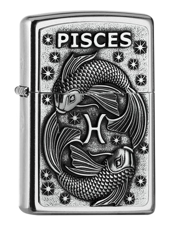 Vooraanzicht 3/4 hoek Zippo aansteker Street Chroom embleem met Vissen sterrenbeeld en Pisces-inscriptie