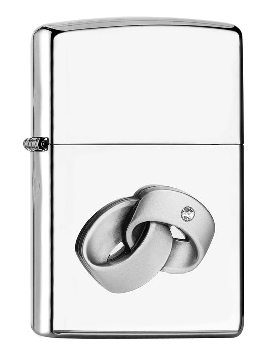 Vooraanzicht Zippo aansteker chroom hoogglans met trouwringen-embleem