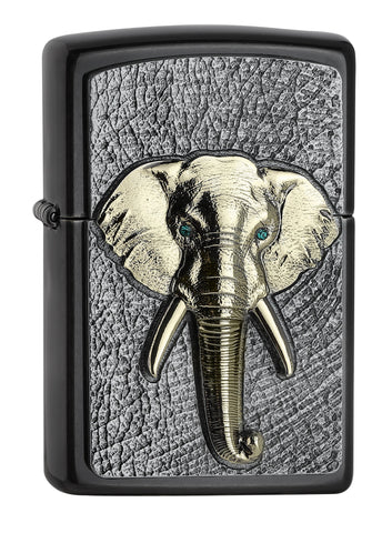 Vooraanzicht 3/4 hoek Zippo aansteker olifantenkop goud met groene ogen van Swarovski-elementen