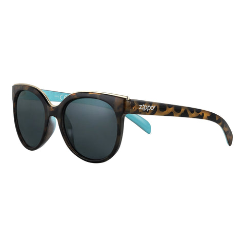 Vue de face 3/4 lunettes de soleil Zippo leopards avec application argentée en haut des branches