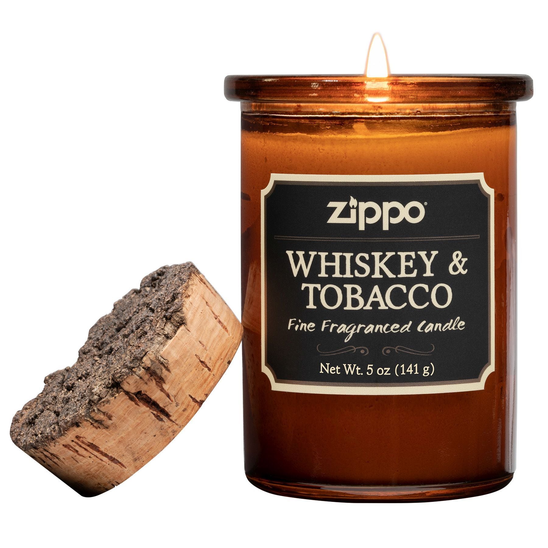 Zippo-kaars Whiskey & Tobacco bruin met kurken deksel met vlam