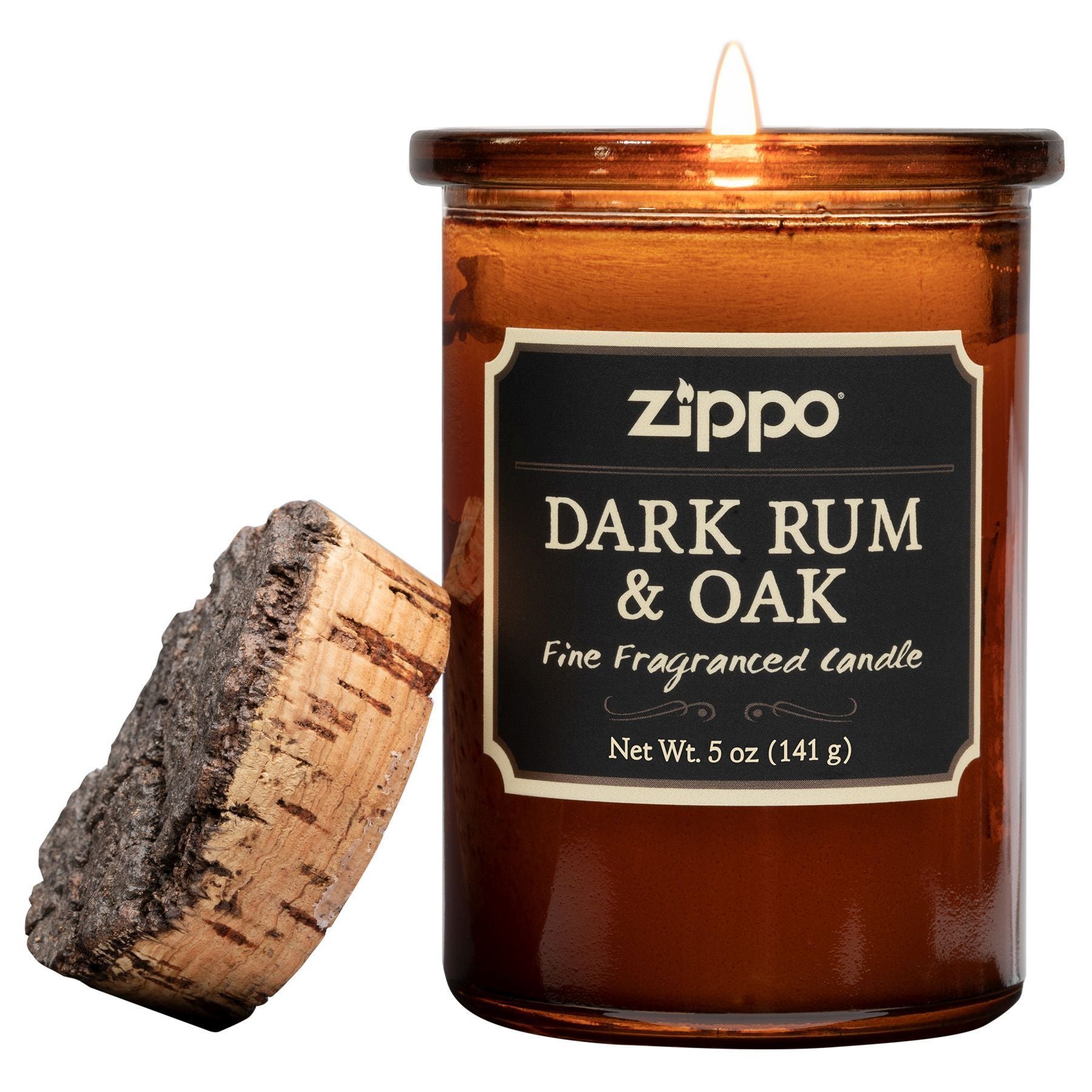 Zippo-kaars Dark Rum & Oak bruin met kurken deksel open met vlam
