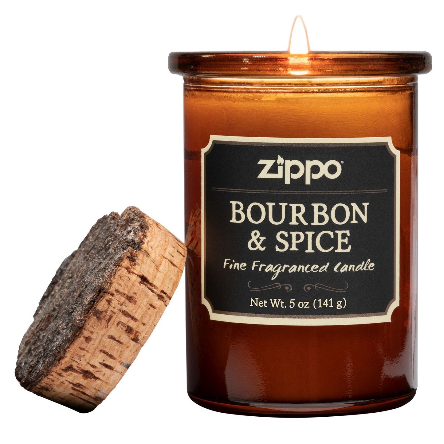Zippo-kaars Dark Bourbon & Spice bruin met kurken deksel open met vlam