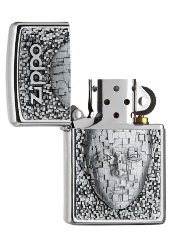 Zippo aansteker met Zippo-logo en gezicht samengesteld uit vele kleine vierkantjes embleem