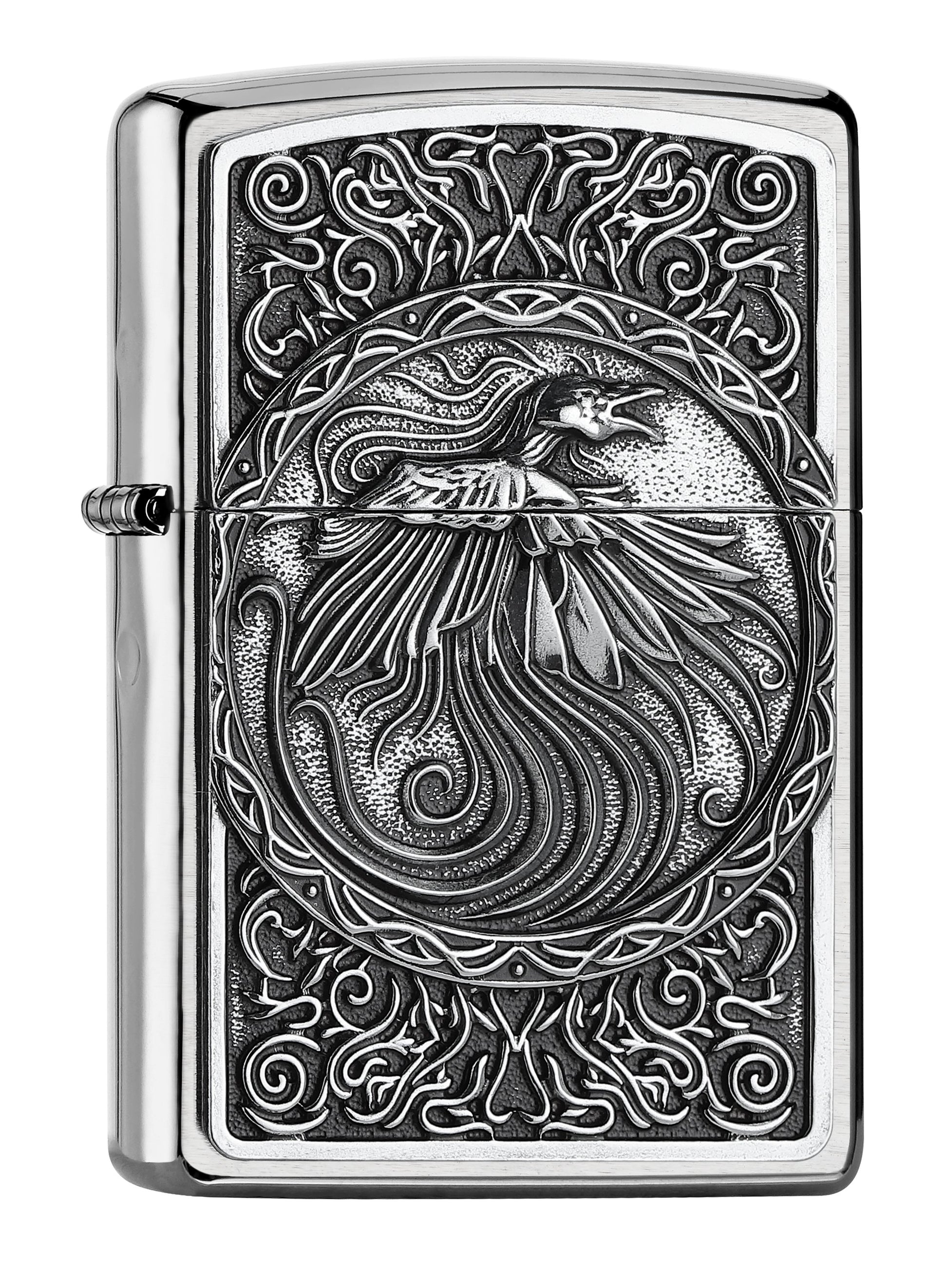 Vooraanzicht 3/4 hoek Zippo aansteker chroom Phoenix vogel in cirkel omgeven door krullen