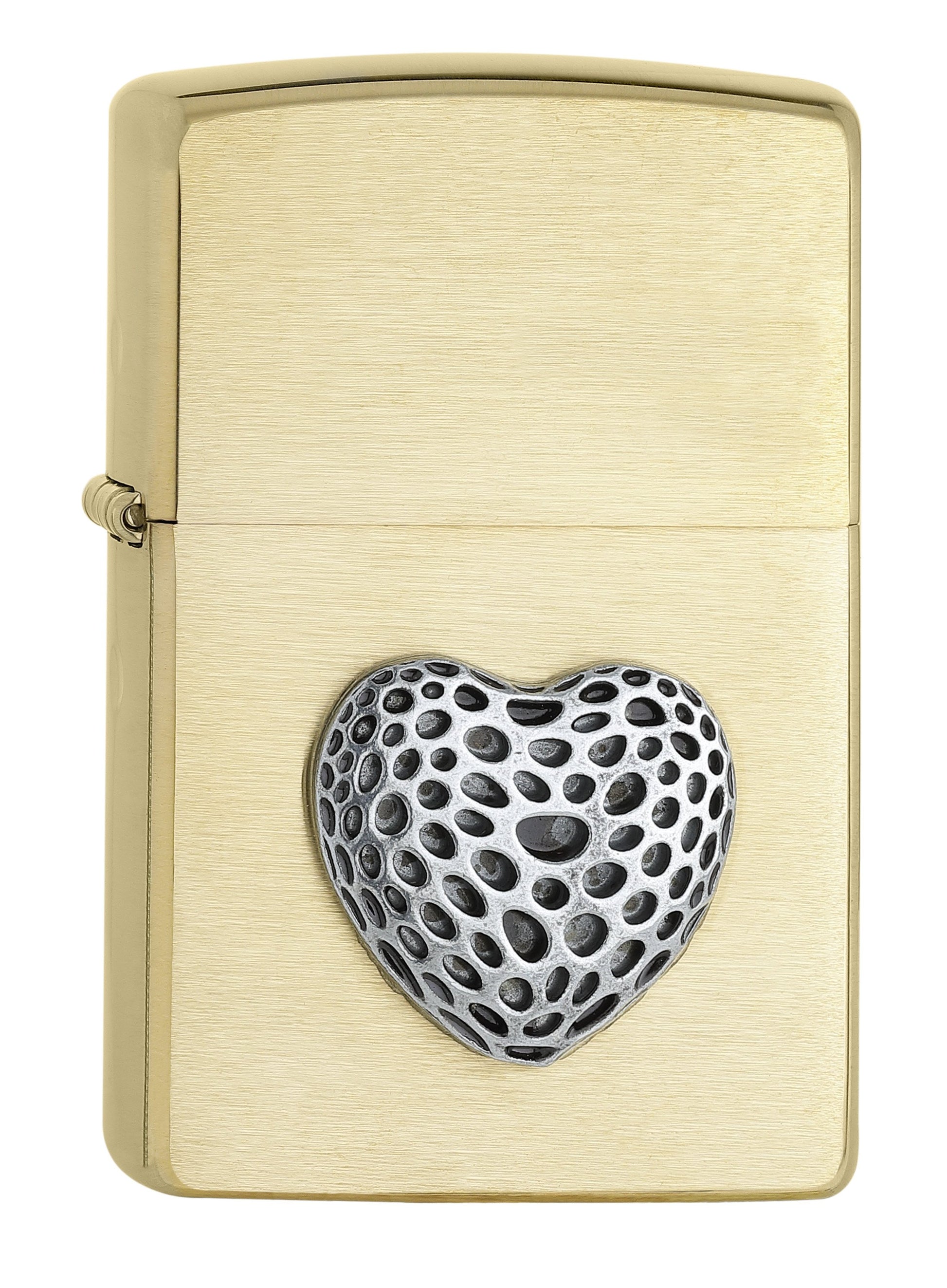 Vooraanzicht 3/4 hoek Zippo-aansteker geborstelde messing hart embleem