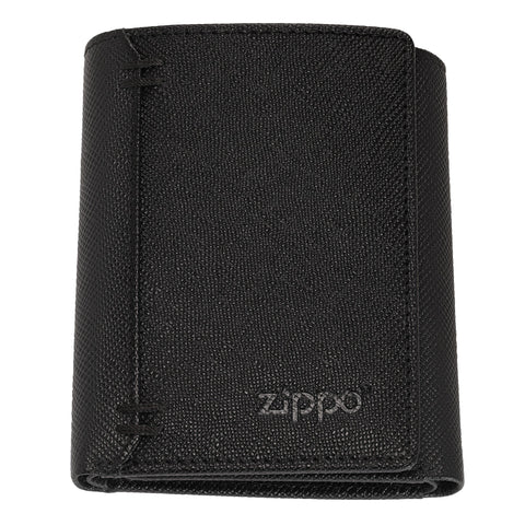 Zippo-portemonnee van saffianoleer met Zippo-logo vooraanzicht trifold