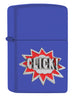 Vooraanzicht 3/4 hoek Zippo-aansteker blauw met Click-letters als embleem