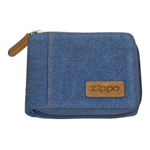 Vooraanzicht Zippo Denim Zipper Bi-Fold Portemonnee met Logo