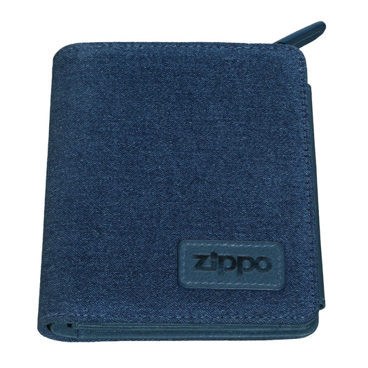 Vooraanzicht Zippo Denim en Blauwe Lederen Portemonnee met Rits en Logo