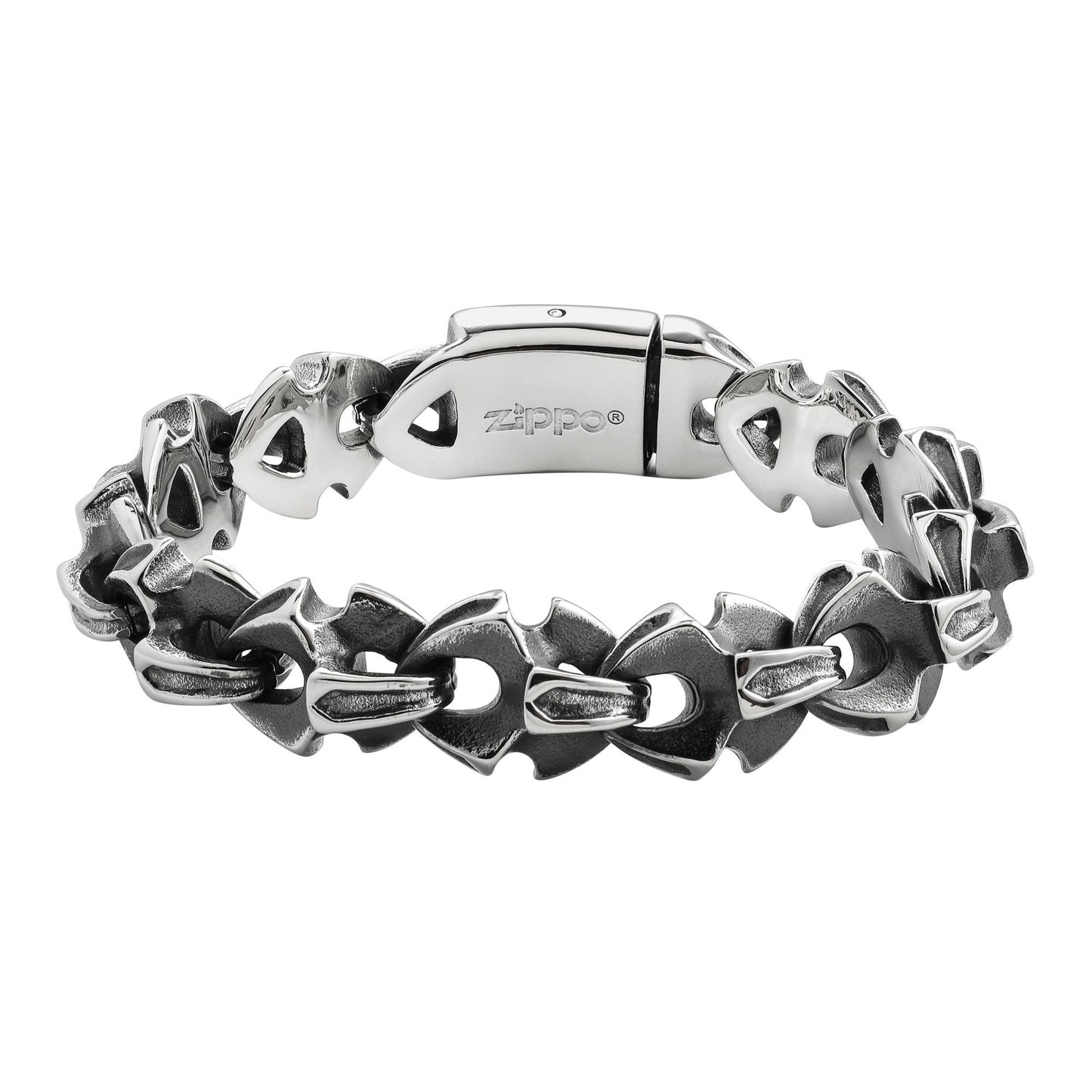 Achteraanzicht Zippo roestvrij stalen armband met grote antieke stijl schakels en Zippo logo