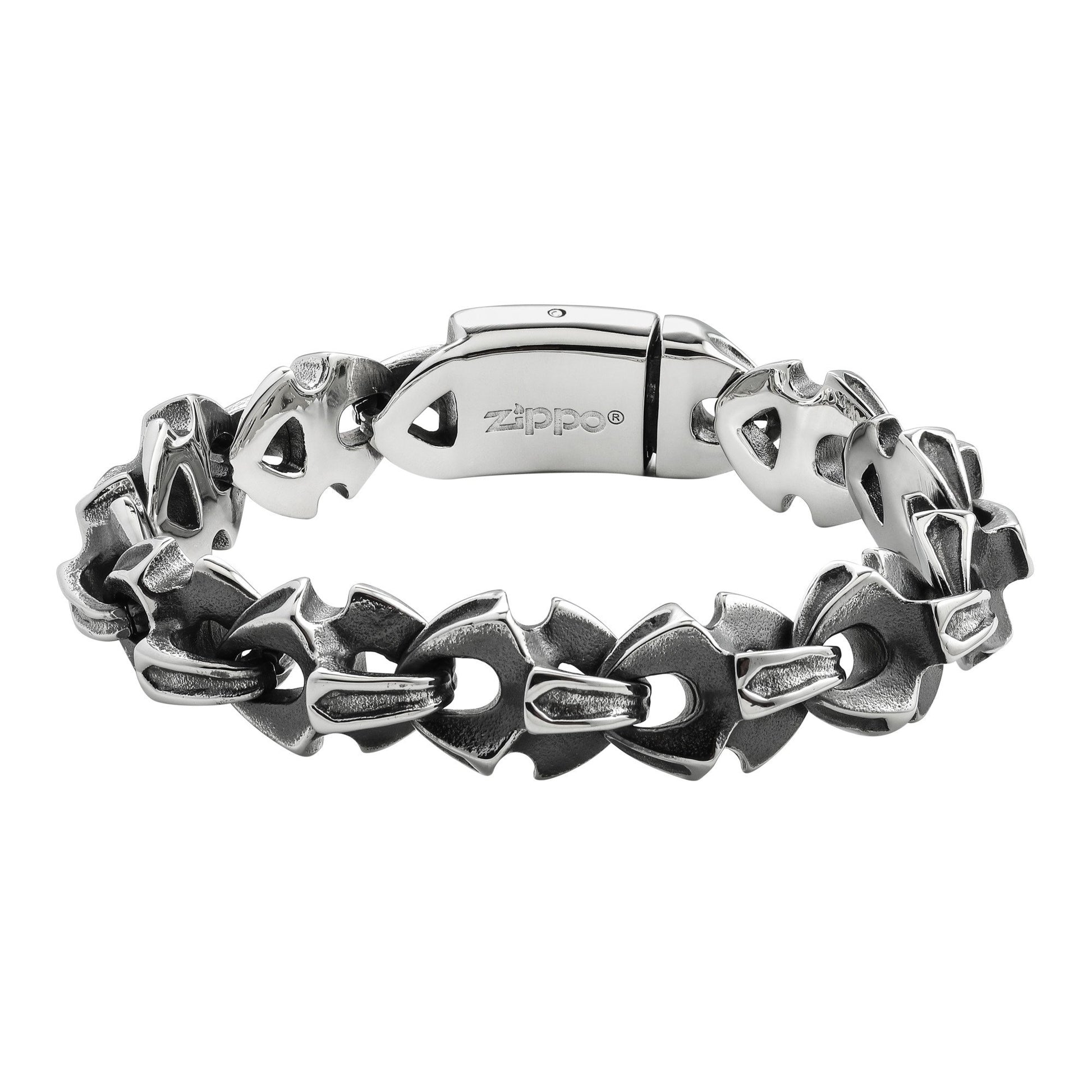 Achteraanzicht Zippo roestvrij stalen armband met grote antieke stijl schakels en Zippo logo