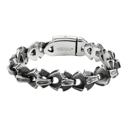 Achteraanzicht Zippo roestvrij stalen armband met grote antieke stijl schakels en Zippo logo