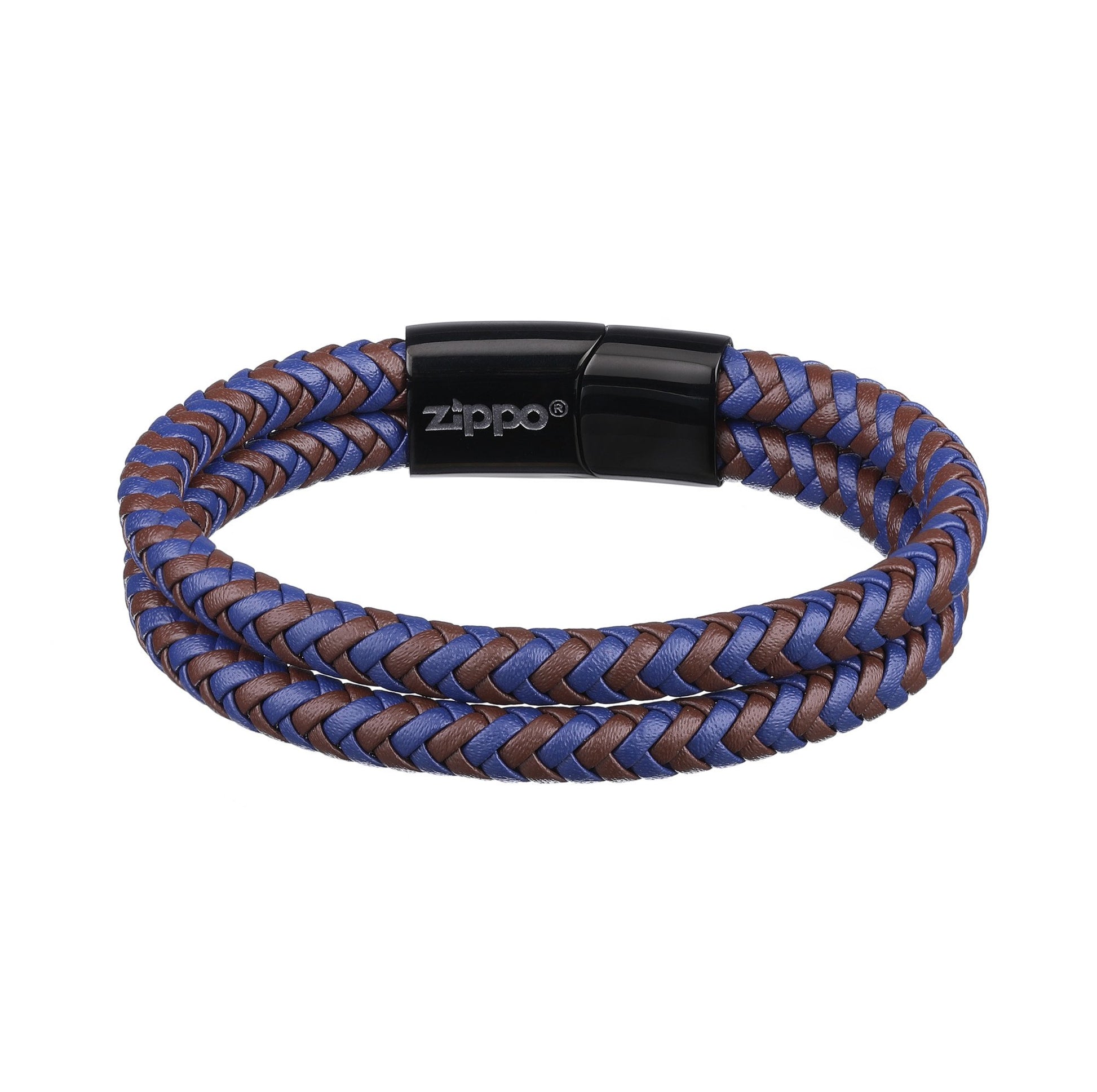 Achteraanzicht Zippo lederen armband bruin blauw gevlochten met zwarte roestvrij stalen sluiting en Zippo logo