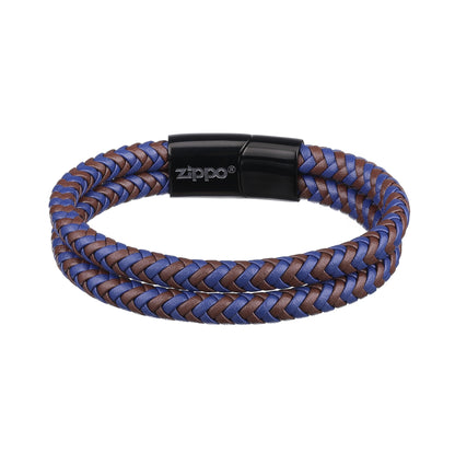 Achteraanzicht Zippo lederen armband bruin blauw gevlochten met zwarte roestvrij stalen sluiting en Zippo logo