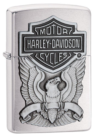 Vooraanzicht 3/4 hoek geborsteld chroom met Harley Davidson-embleem en adelaar