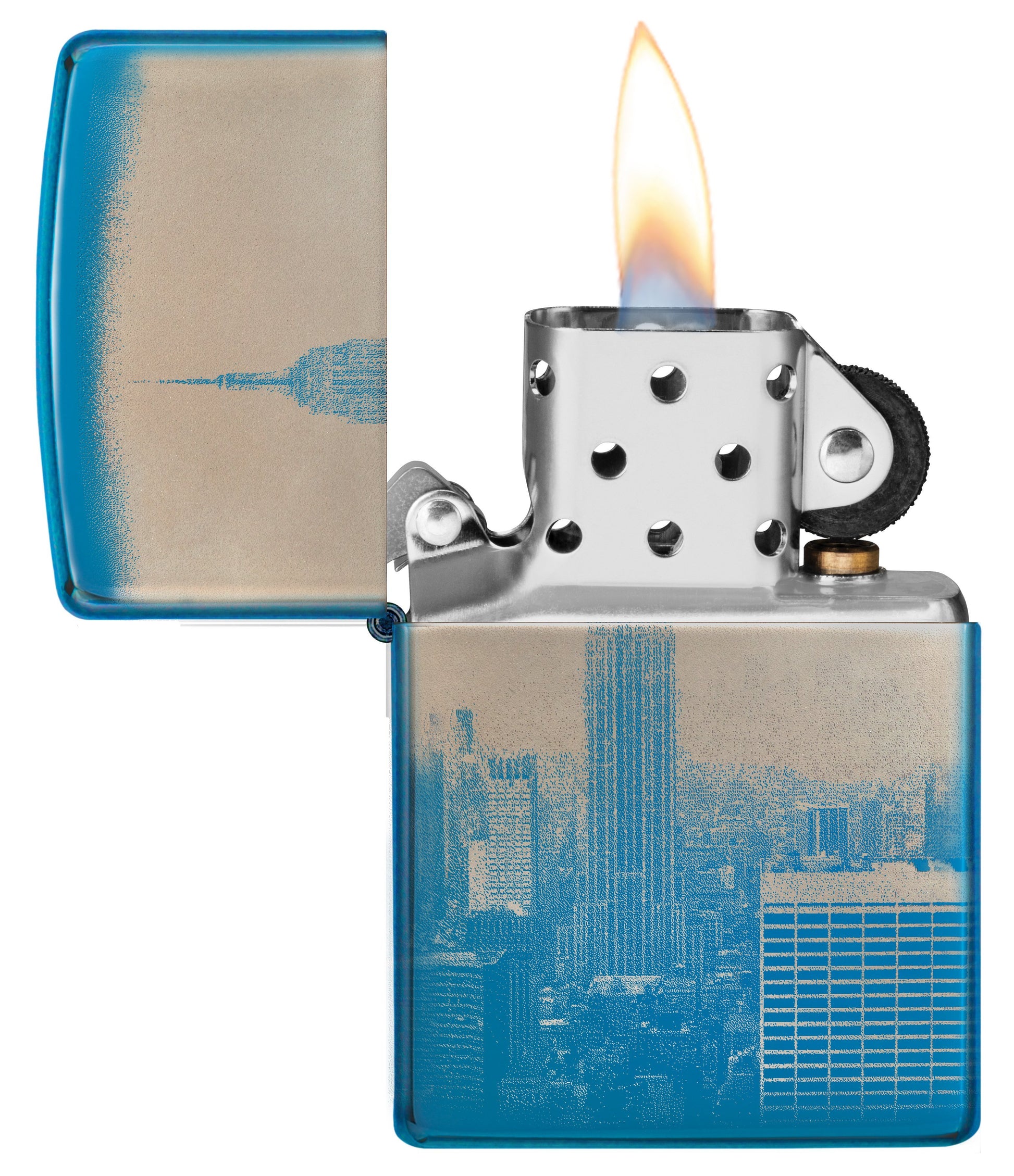 Zippo Aansteker 360 graden gepolijst blauw met New York Skyline Empire State Building Alleen online te openen met vlam