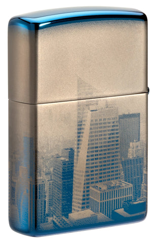 Achteraanzicht 3/4 hoek Zippo Aansteker 360 graden gepolijst blauw met New York Skyline Empire State Building Alleen online
