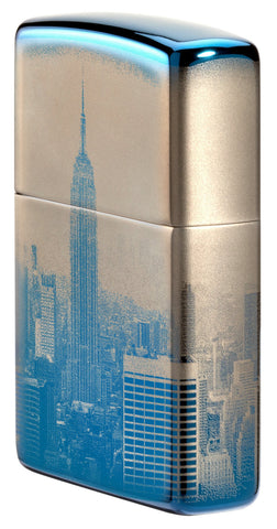 Zijaanzicht Voor 3/4 Hoek Zippo Aansteker 360 Graden Gepolijst Blauw met New York Skyline Empire State Building Alleen online
