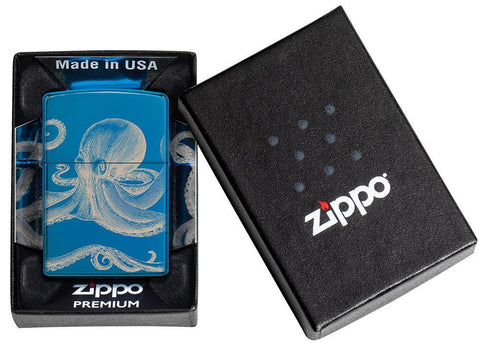 Zippo Aansteker Hoogglans Blauw 360 Graden Design met Octopus Online Only in Open Premium Geschenkverpakking