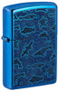 Zippo Aansteker Vooraanzicht ¾ Hoek in Hoogglans Blauw met Illustratie van Zeedieren in de Stijl van Aboriginal Kunst