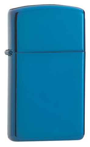 Vooraanzicht 3/4 hoek Zippo aansteker Slim Sapphire blauw basismodel