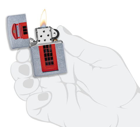 Zippo Aansteker Rode Telefooncel van Londen Online Only Open met Vlam in gestileerde hand