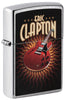 Zippo aansteker vooraanzicht ¾ hoek verchroomd met gekleurde afbeelding van een rode gitaar van Eric Clapton