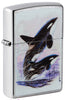 Zippo aansteker vooraanzicht ¾ hoek verchroomd met gekleurde illustratie van twee orka's getekend door Guy Harvey