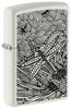 Zippo aansteker vooraanzicht ¾ hoek wit mat met illustratie van een libel in de stijl van aboriginal kunst