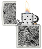 Zippo Aansteker Vooraanzicht Wit Mat Geopend en aangestoken met afbeelding van een libel in Aboriginal Kunststijl