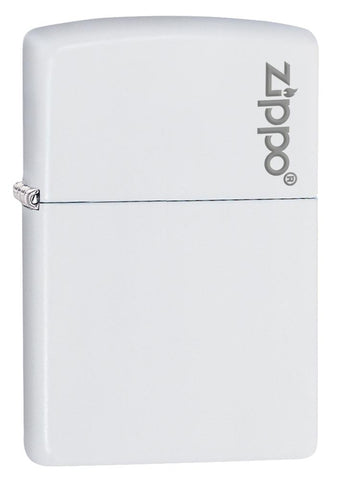Vooraanzicht 3/4 hoek Zippo aansteker matwit basismodel met Zippo-logo