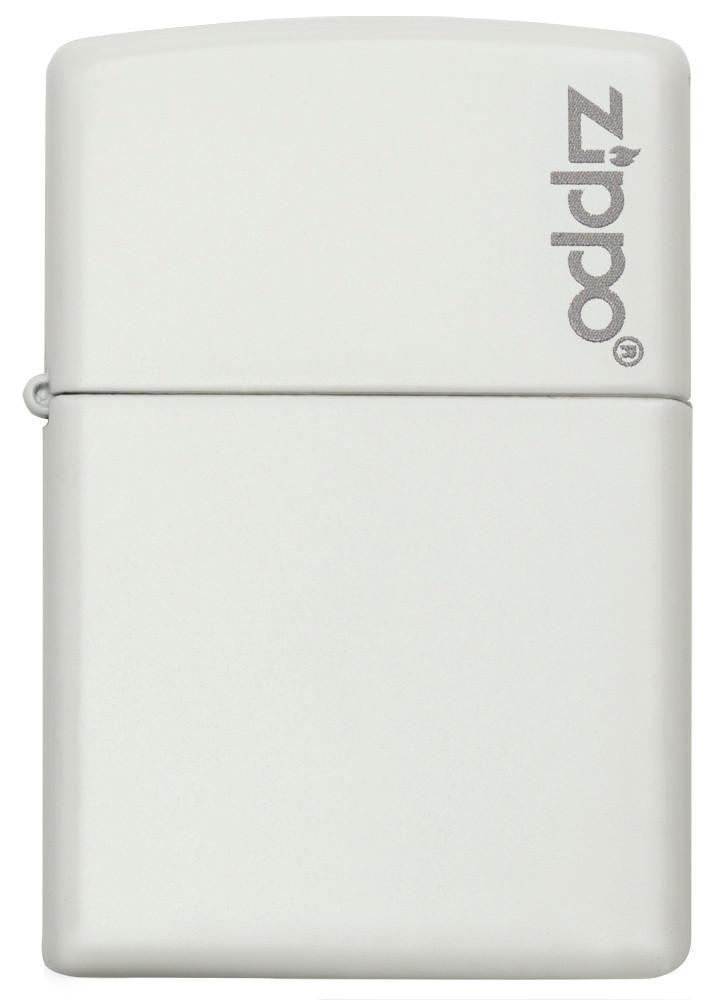 Vooraanzicht Zippo aansteker matwit basismodel met Zippo-logo