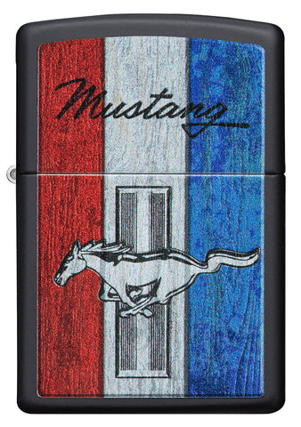Zippo aansteker vooraanzicht zwart mat met gekleurde afbeelding van het Ford Mustang logo