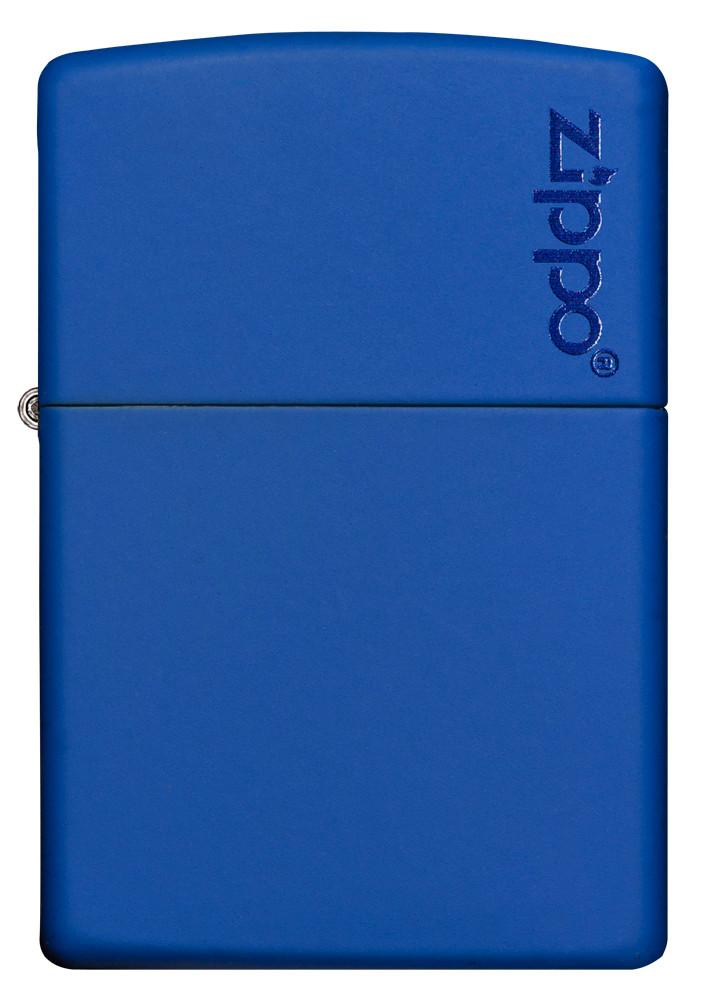 Vooraanzicht Zippo aansteker Royalblau Matte basismodel met Zippo-logo