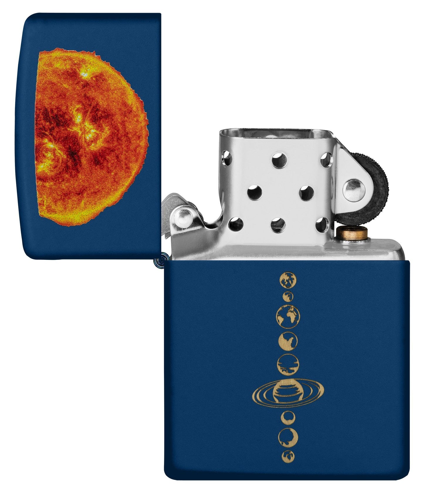 Zippo Storm Aansteker Zonnestelsel met exploderende zon op donkerblauwe achtergrond geopend zonder vlam