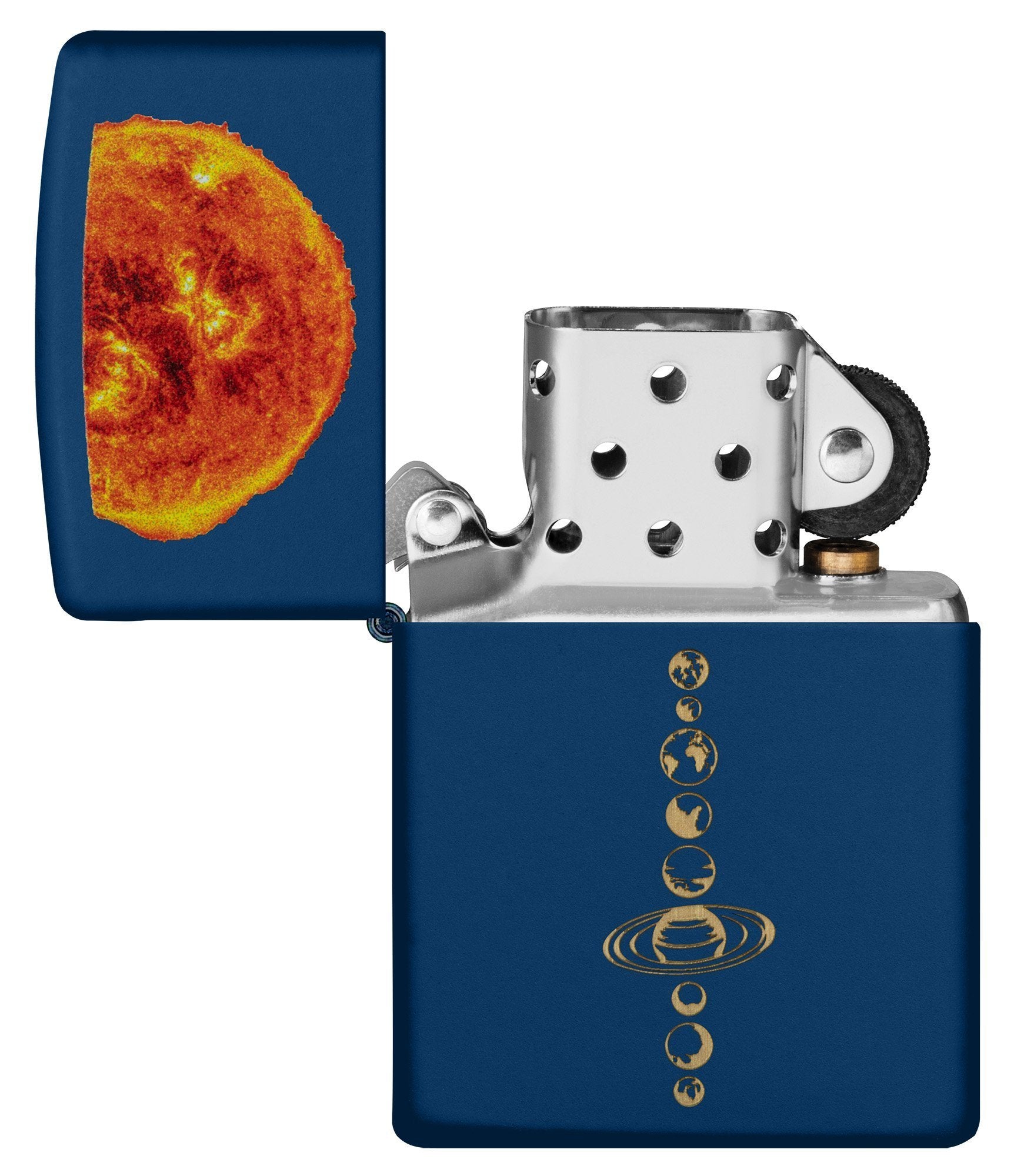 Zippo Storm Aansteker Zonnestelsel met exploderende zon op donkerblauwe achtergrond geopend zonder vlam