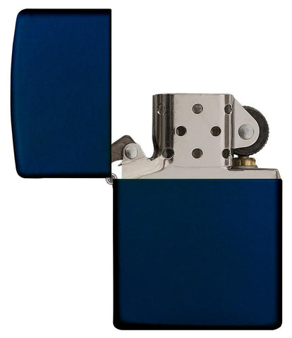 Vooraanzicht Zippo Aansteker Navy Blue Matte basismodel geopend 