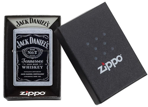 Zippo-aansteker chroom met zwart Jack Daniel's-logo in open doos
