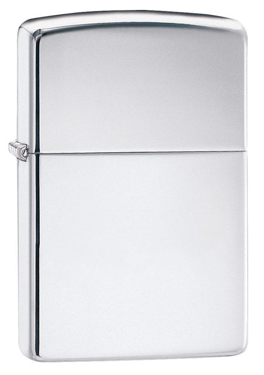 Vooraanzicht 3/4 hoek Zippo aansteker High Polish Chrome basismodel
